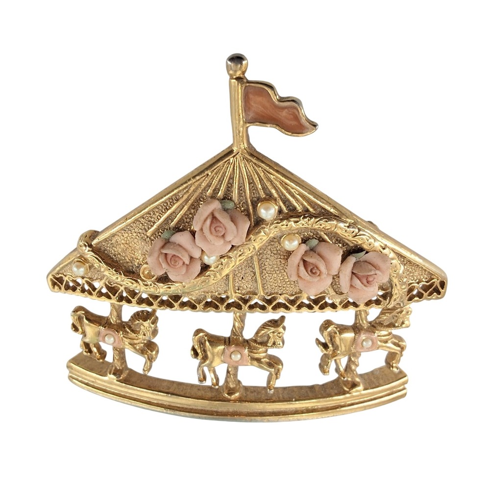 Vintage 1928 Gold Tone Carousel Horse Brooch Pink Roses Faux Pearl Pin